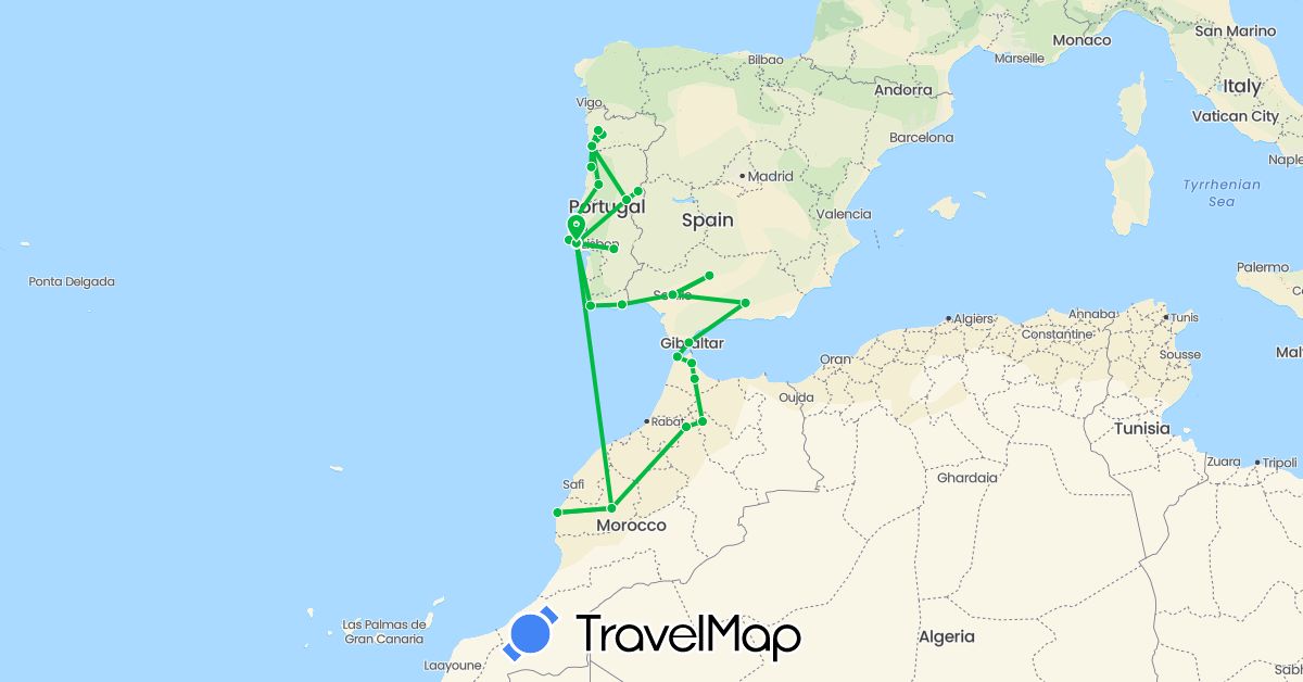 TravelMap itinerary: driving, bus in Spain, Morocco, Portugal (Africa, Europe)